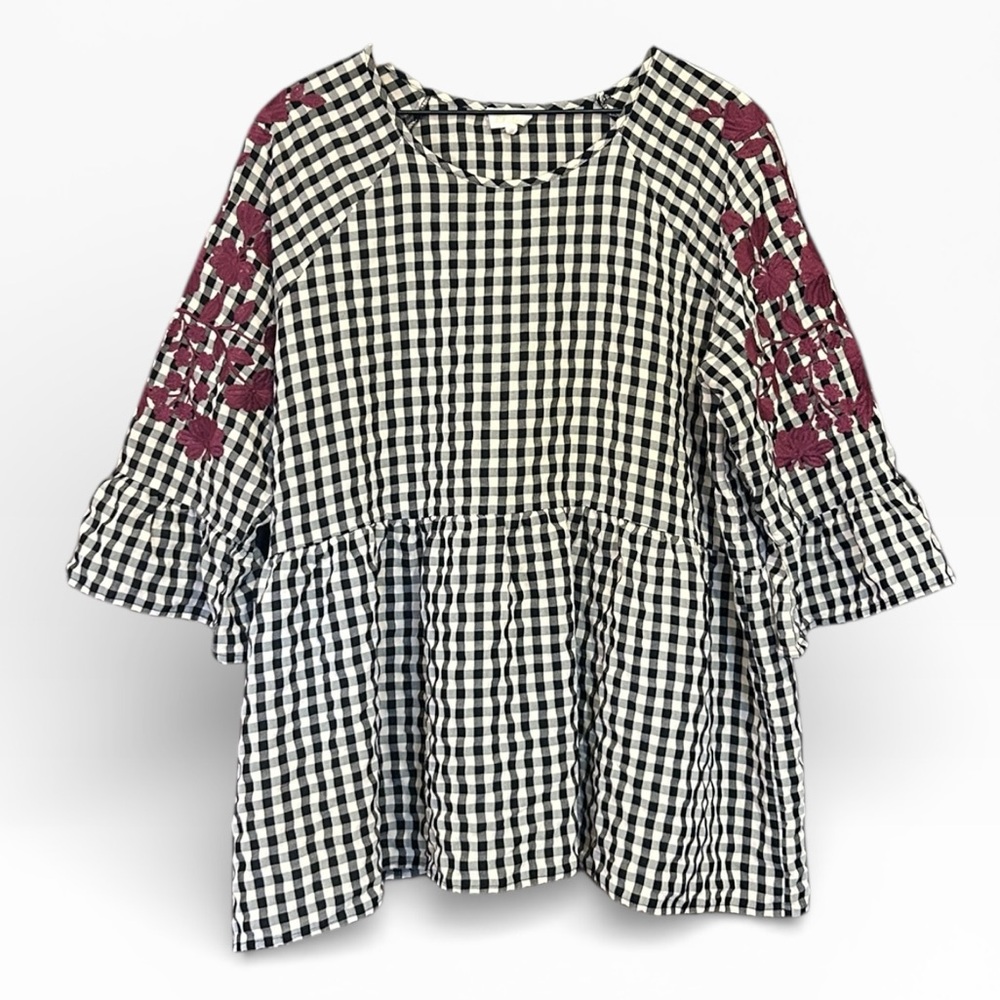 Layerz Clothing Embroidered Top Pink Black Gingham Peasant Ruffled Size XL